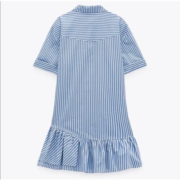 EUC Zara Blue White Striped Mini Shirtdress Size M Ruffle Hem Cotton Poplin - Picture 8 of 16